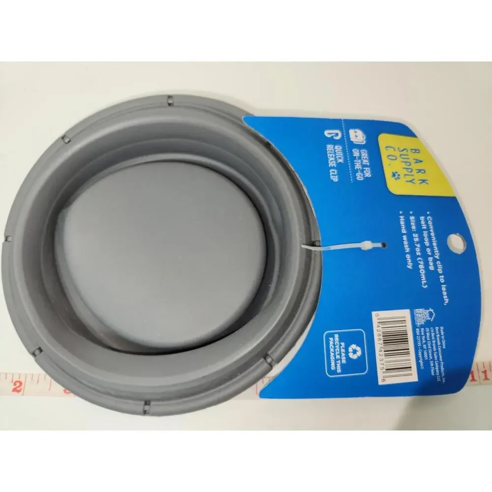 NWT Bark Supply Collapsible Dog Bowl 25.7oz Gray W/Belt Clip